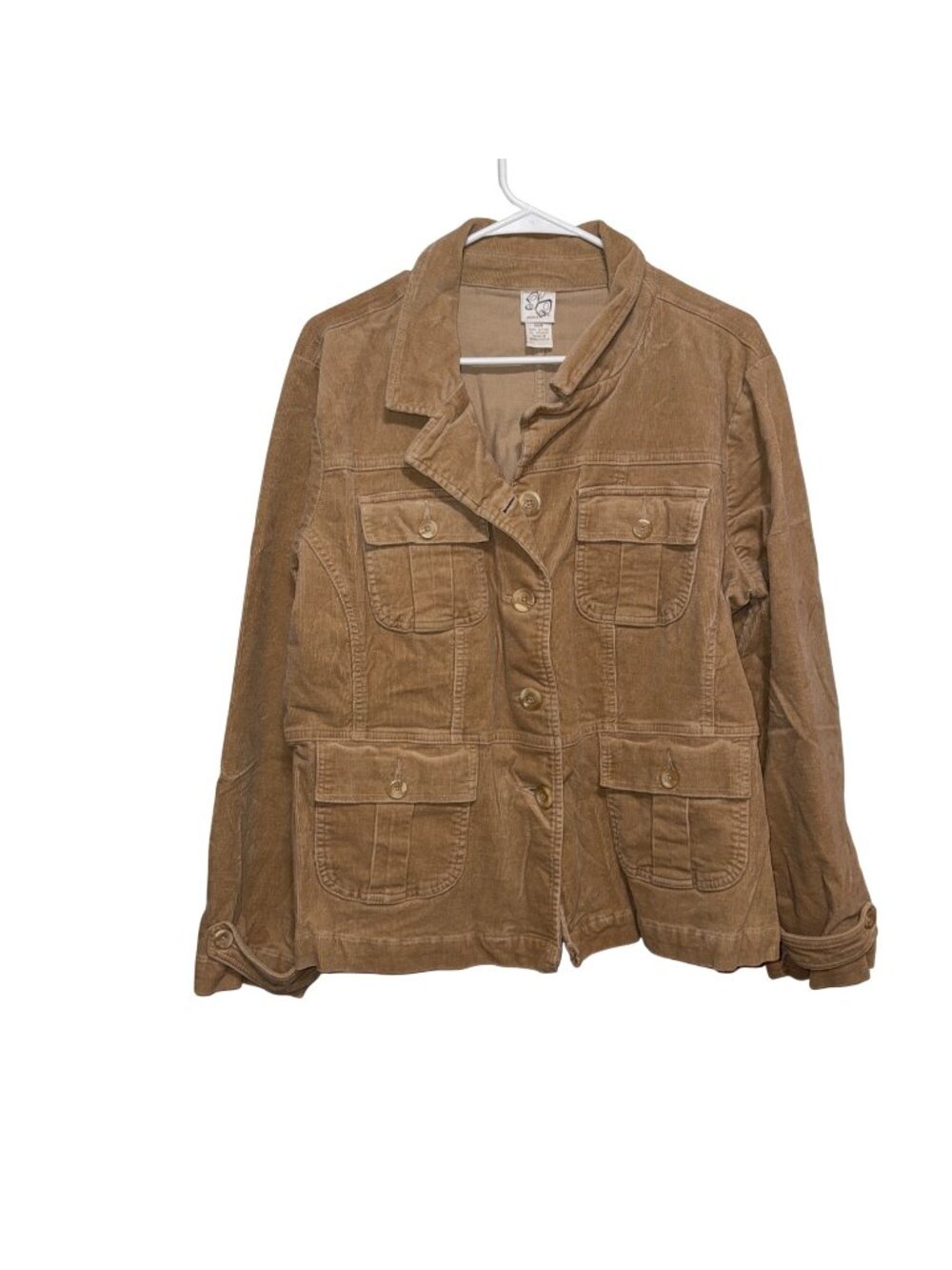 Tan Corduroy Button-Up Jacket Front Pockets Stretch 18W Womens Collar